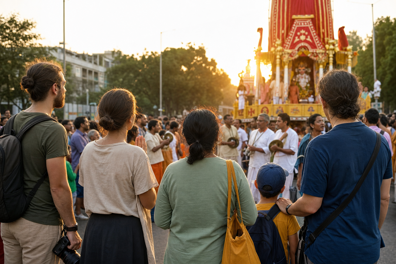 Visitors watch quietly from the edge of a Rathyatra gathering while devotees sing and play cymbals near the passing chariot.