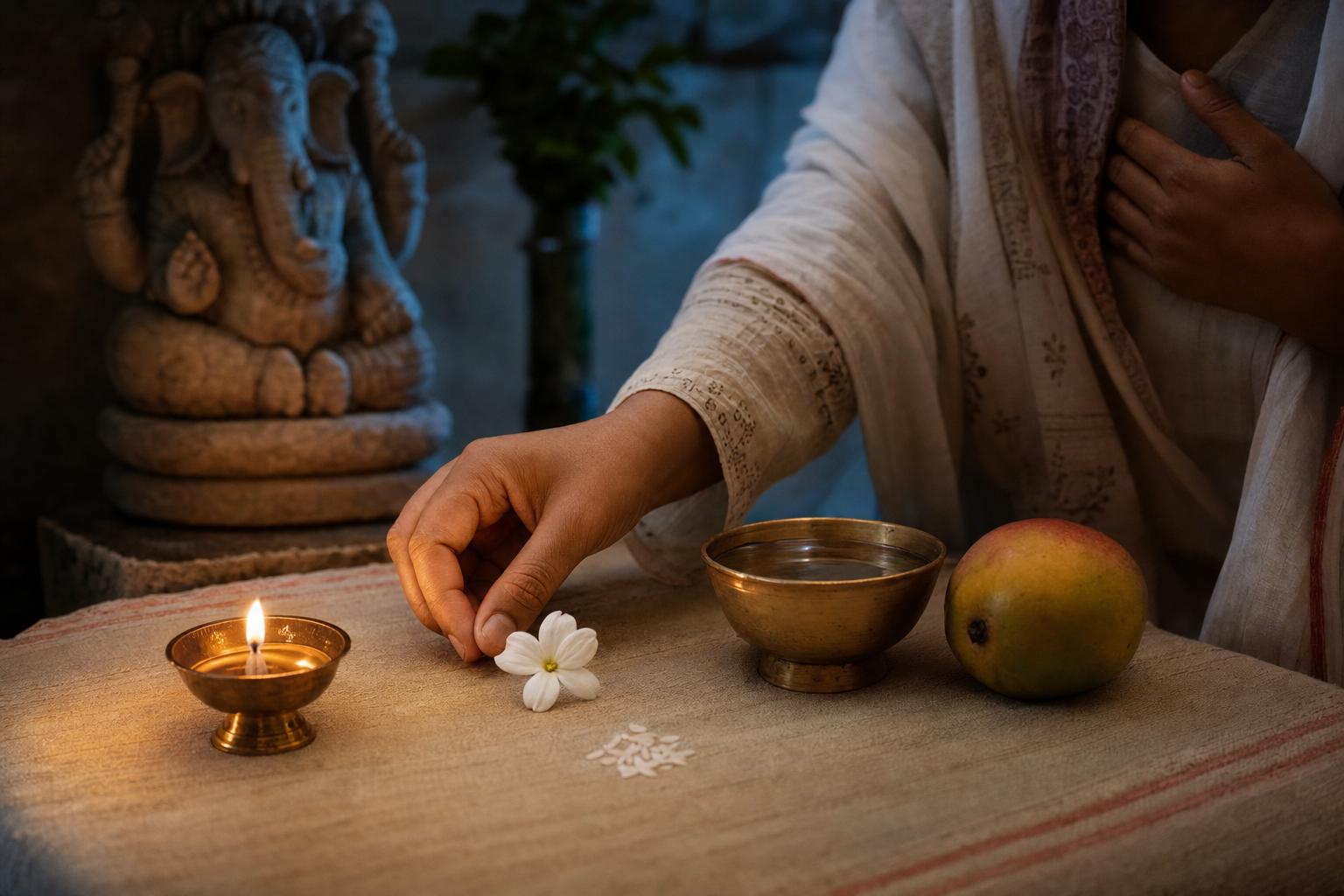 A hand places one flower beside water, fruit, rice, and a small brass lamp during a simple home puja.