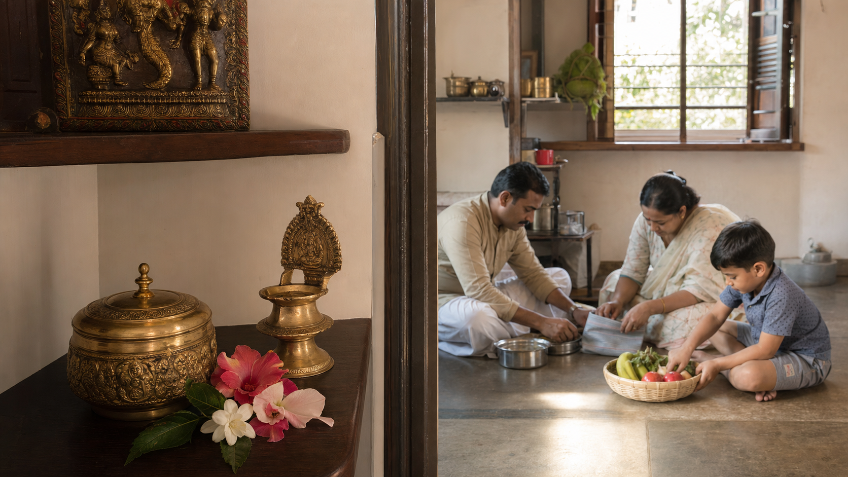 Sacred rice is kept on a clean prayer shelf while family members prepare a meal and fruit basket for someone in need.