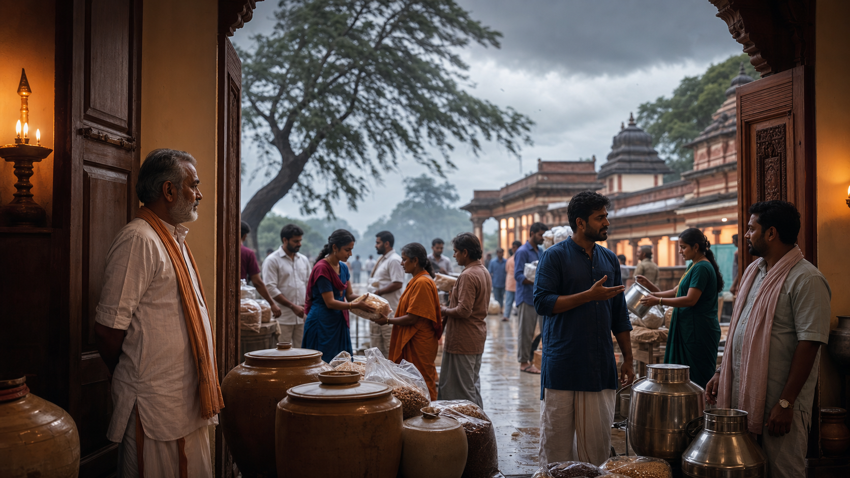 A community steward watches volunteers coordinate food supplies beside stored reserves as monsoon clouds gather outside a temple-adjacent hall.