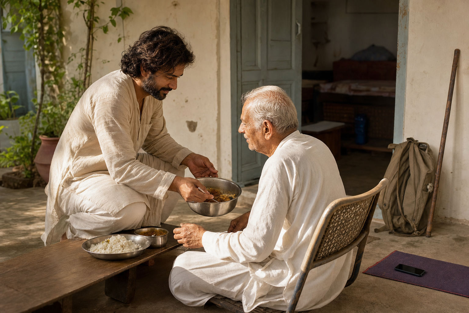 A returned pilgrim serves a meal to an older relative in a home courtyard while a travel bag, walking staff, and meditation mat rest nearby.