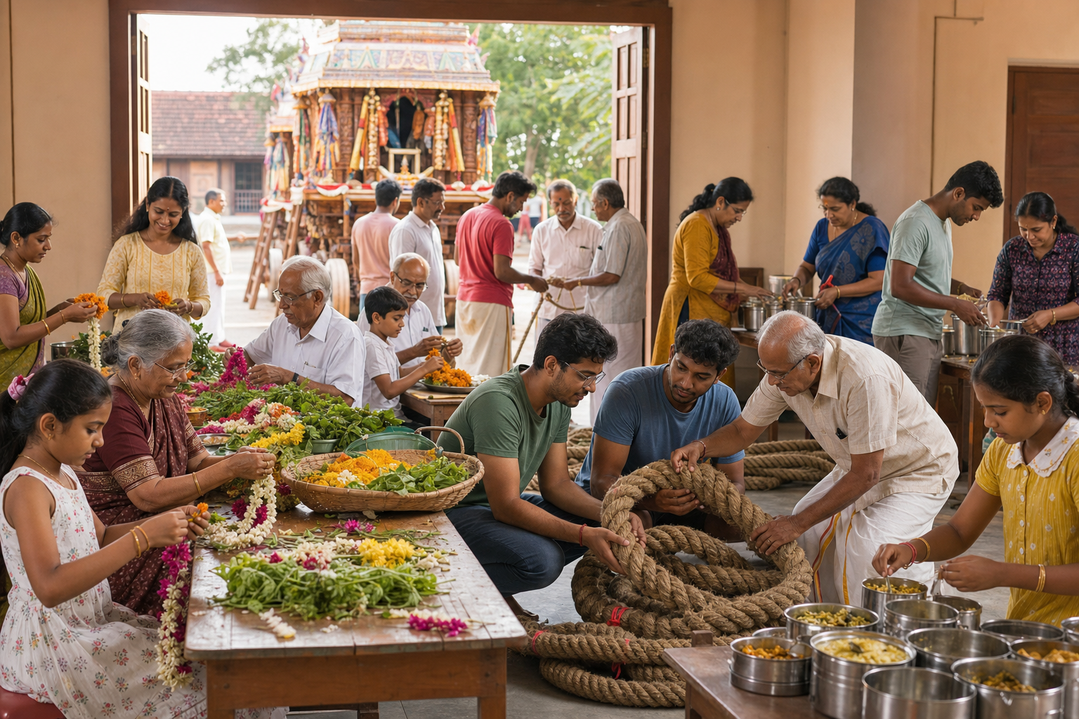 Children, adults and elders prepare flowers, food and a ceremonial rope together in a community hall beside a chariot courtyard.
