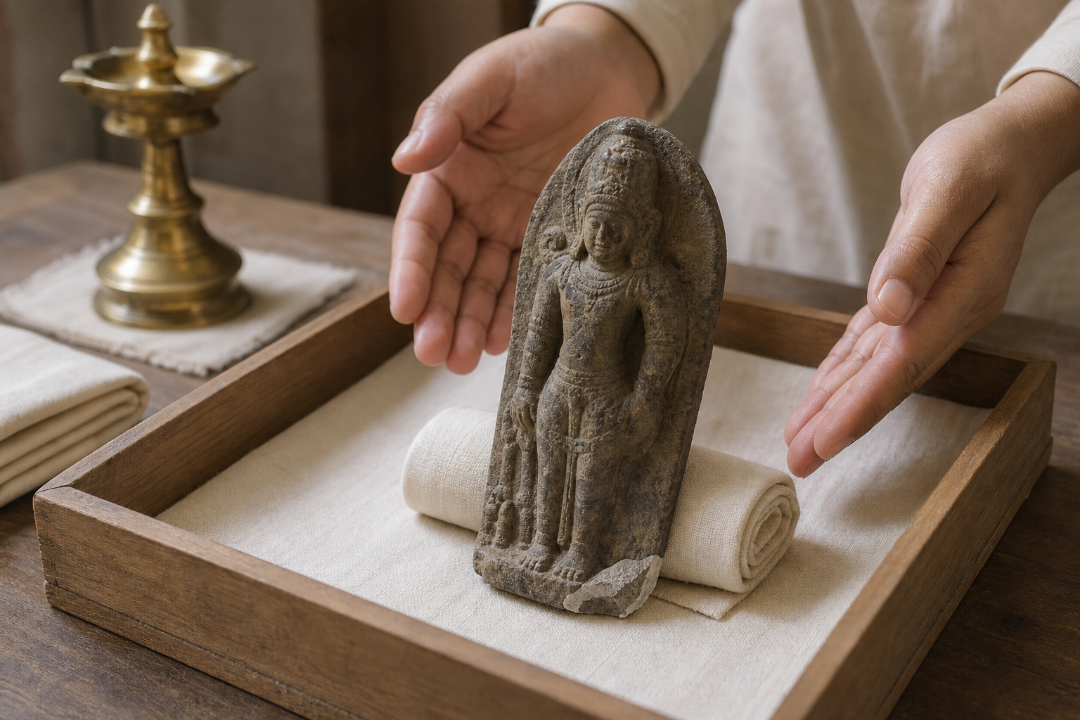 A chipped stone murti rests upright in a clean padded tray while hands pause nearby before attempting any repair.