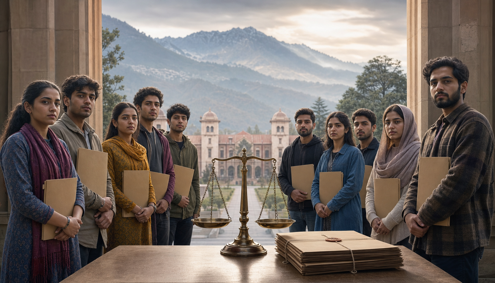 A diverse group of student applicants stands before a hill-campus entrance beside balanced scales and a stack of admissions files.