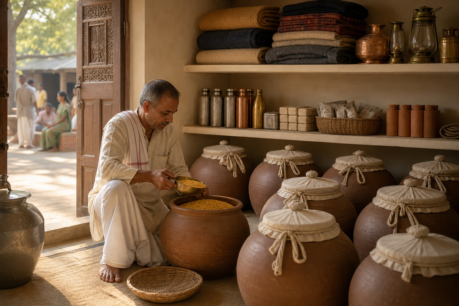A caretaker measures lentils in an orderly storeroom while sealed jars, water vessels, blankets, and other reserves remain on the shelves.