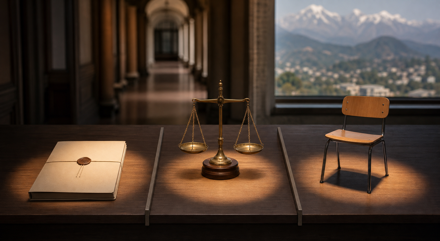 Three separate pools of light illuminate an institutional file, balanced scales and an empty student chair on a wooden table.