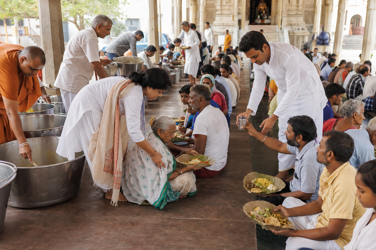 Volunteers serve a vegetarian community meal to monks, families, elders, children, and visitors seated together in a temple courtyard.