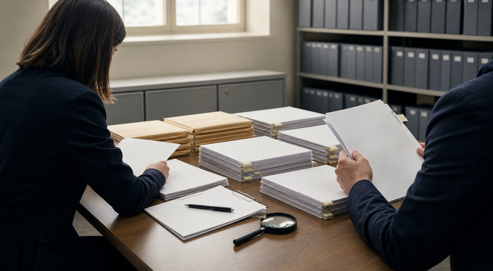 Two reviewers methodically inspect organized admission files and supporting documents in a records room.