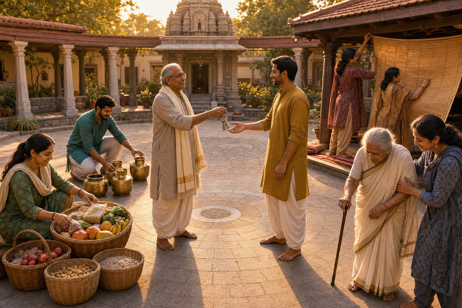 A senior steward passes keys to a younger coordinator while volunteers manage food, water, elder care, and meeting preparations around a courtyard.