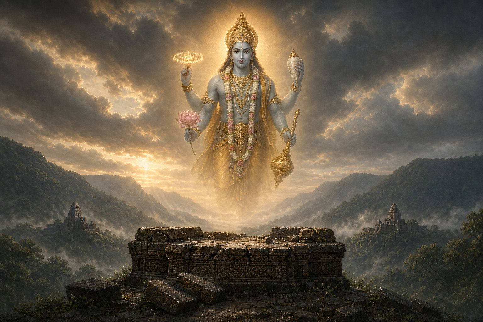 Conceptual illustration of a luminous four-armed Vishnu figure above a damaged stone pedestal on a forested mountain ridge near ancient Khmer architecture.