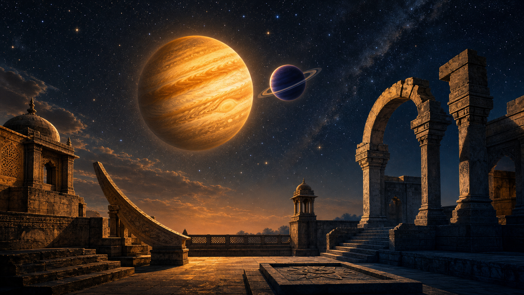 Golden Jupiter and indigo Saturn appear close together above a moonlit Indian stone observatory with pillars, steps, and an unfinished arch.