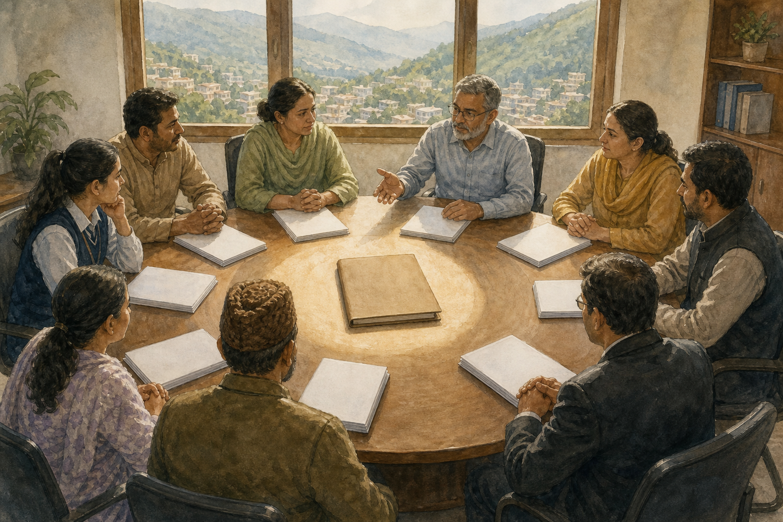 Students, parents, educators and civic representatives meet around a circular table with an agreement folder at the center.