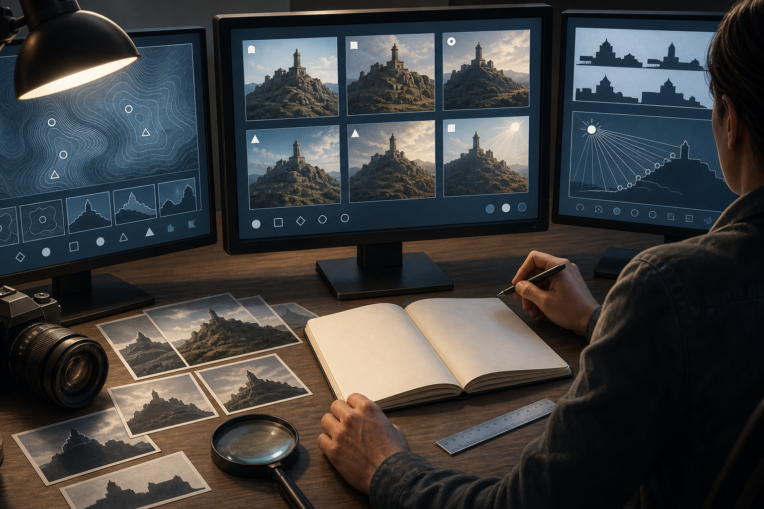 Conceptual illustration of a researcher comparing unlabeled video frames and terrain imagery at a desk while checking evidence about a remote statue site.