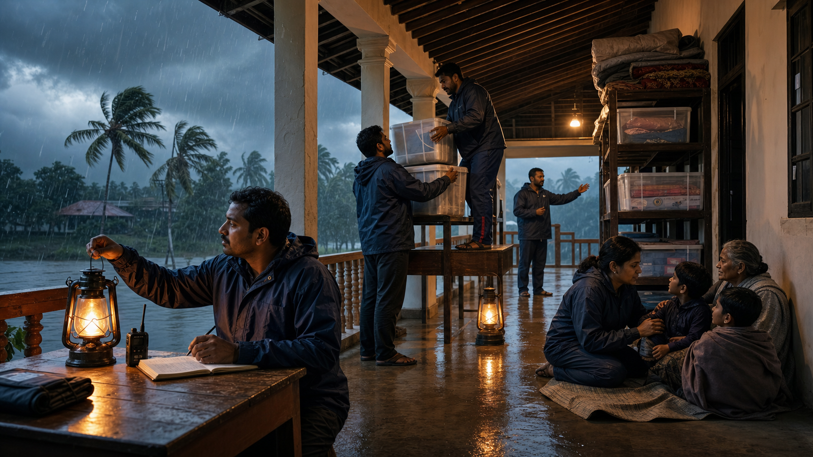 A community response team calmly protects supplies and assists children and elders under a veranda during a monsoon storm.