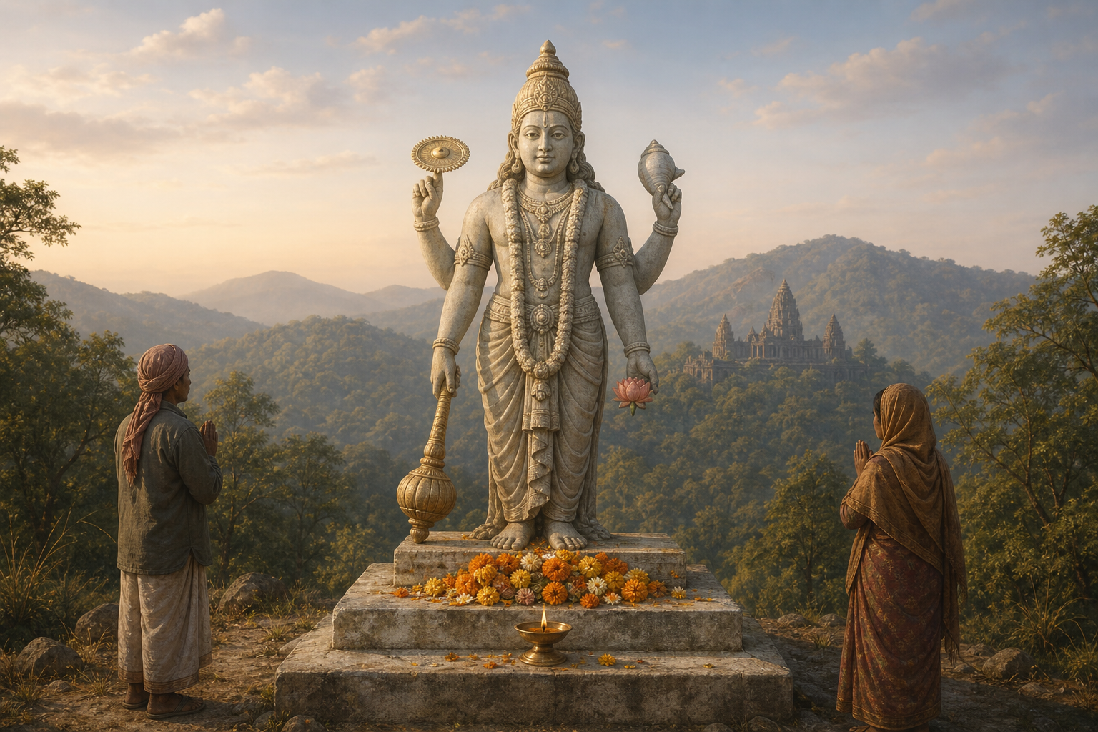 Illustration of two caretakers standing respectfully before a weathered modern Vishnu statue decorated with flowers and a small oil lamp on a mountain site.