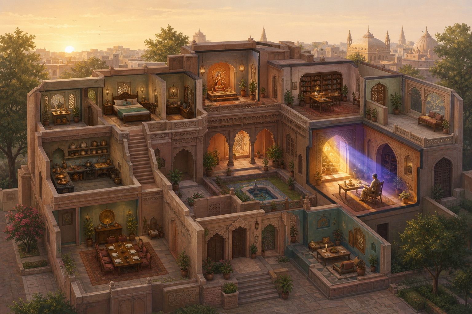A cutaway view of an Indian courtyard residence shows one arched chamber lit by both golden and indigo celestial light.
