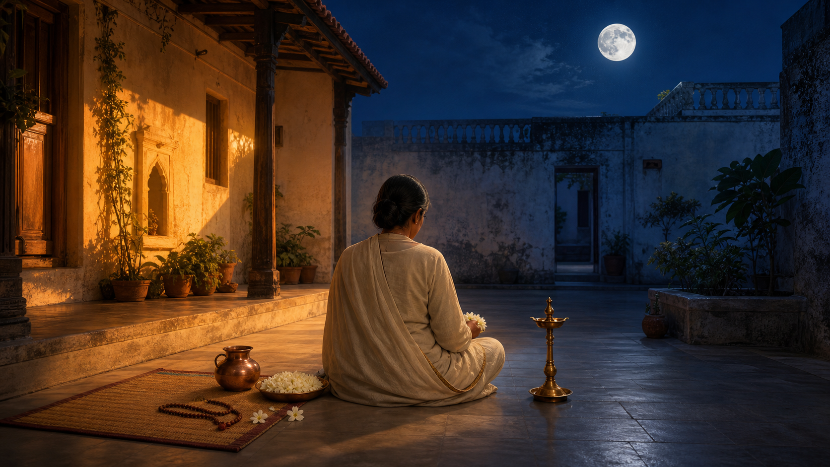 A practitioner prepares a courtyard prayer space as fading sunlight and cool moonlight meet around flowers, mala beads, a copper vessel, and a brass lamp.