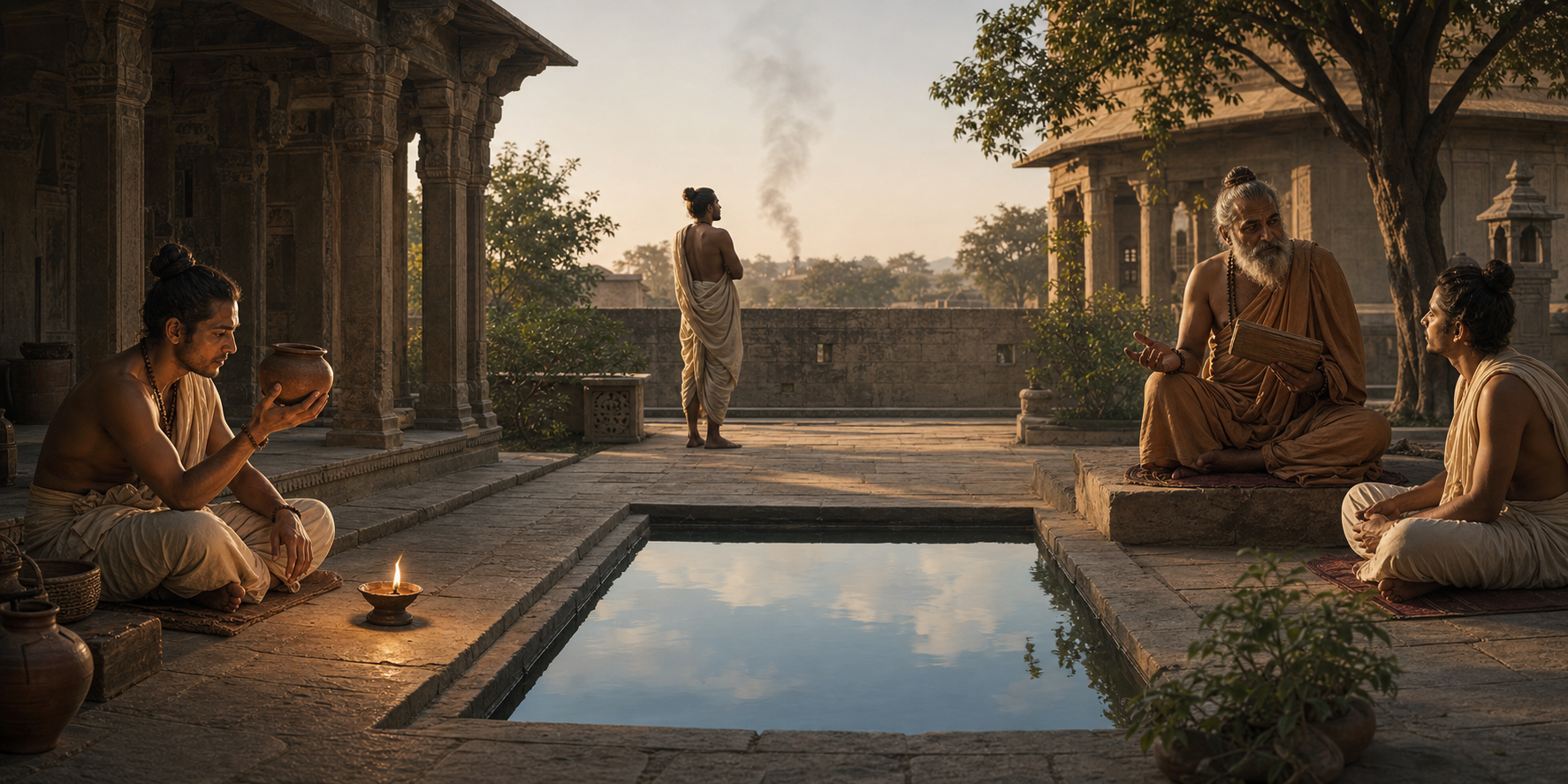 A medieval Indian courtyard scene shows a scholar viewing a clay vessel, observing distant smoke, and listening to a teacher with a manuscript.