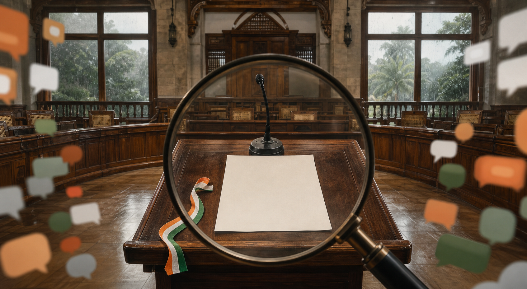 A magnifying glass focuses on a blank oath sheet and microphone in an empty Kerala council chamber, with blurred notification shapes around the edges.