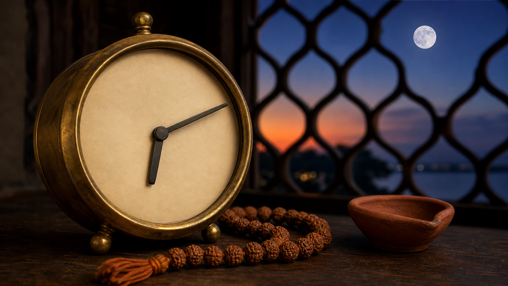 A numeral-free brass clock shows about twelve minutes past six beside prayer beads and a clay lamp, with sunset and a rising moon visible through a window.