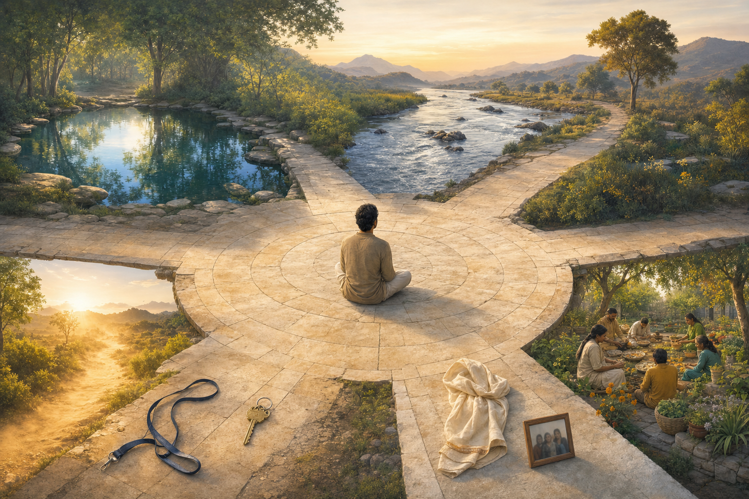 A contemplative person sits in a courtyard where four paths lead toward a still pool, a flowing river, a luminous path, and a communal garden.