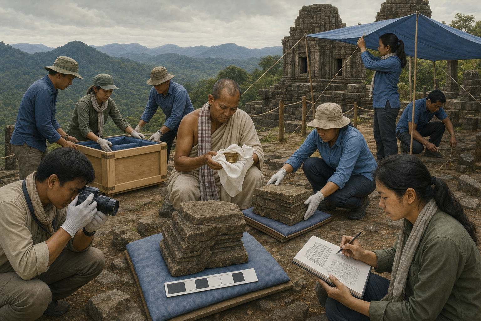 Conceptual illustration of conservators, archaeologists, religious custodians, and safety workers jointly documenting and protecting stone fragments at a mountain heritage site.