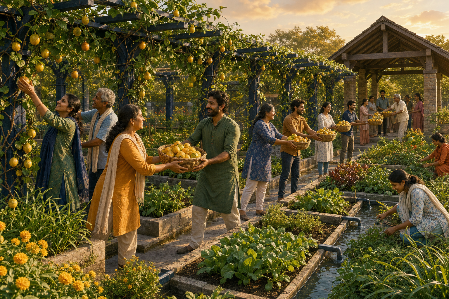 Adults work together in a community garden where fruiting vines grow along a sturdy trellis connected by irrigation channels.