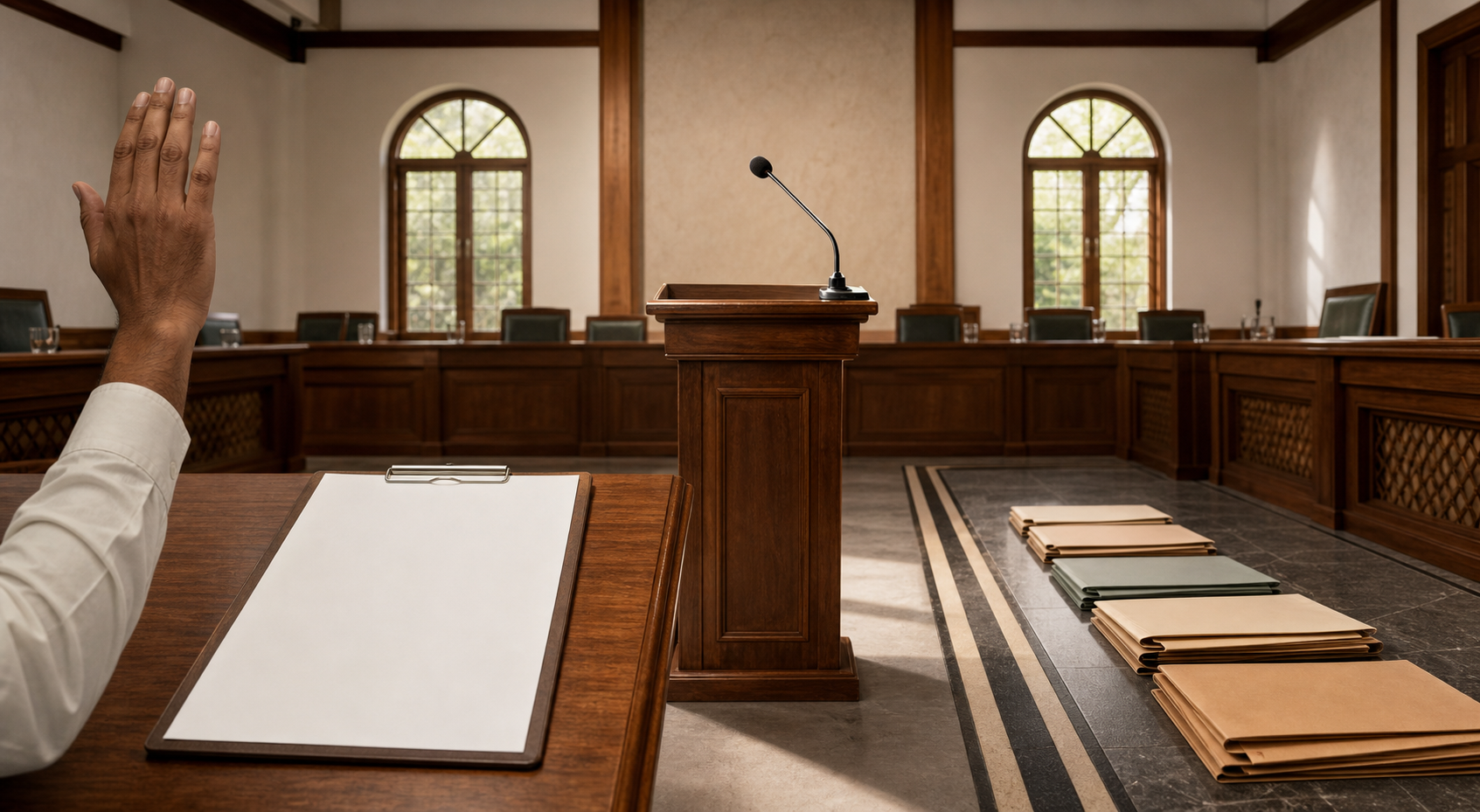 A raised hand and blank oath sheet, a ceremonial lectern, and unbranded folders appear as three distinct parts of one council-room scene.