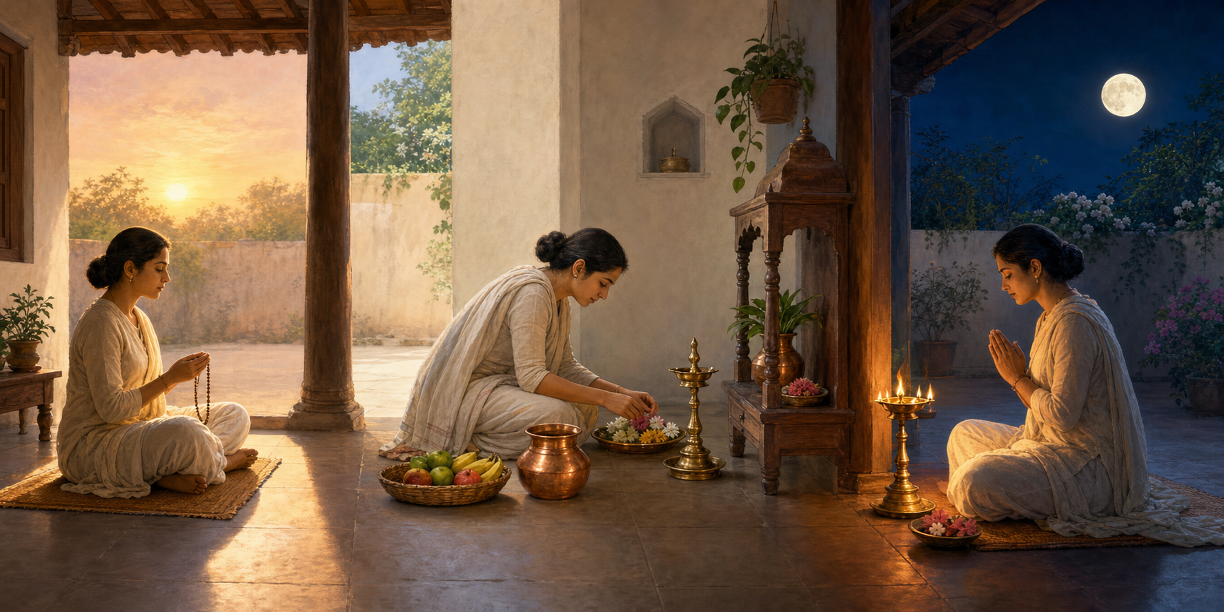 Three connected scenes show a practitioner meditating at dawn, preparing flowers and ritual items in the afternoon, and sitting beside a lit lamp under the full moon at night.