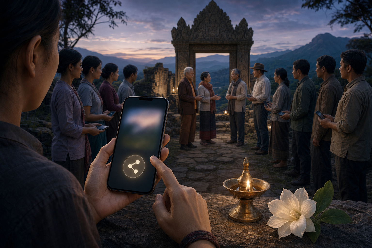 Conceptual illustration of a person pausing before sharing an unverified image on a phone while civilians and heritage workers meet peacefully near a mountain shrine.