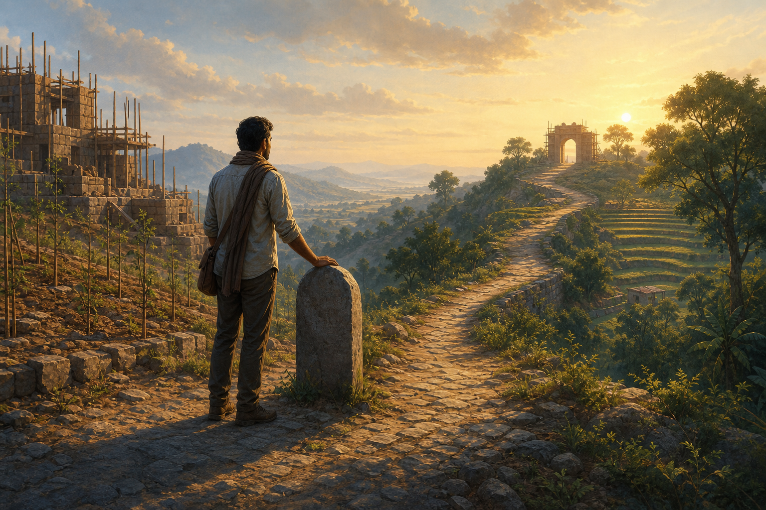 An adult traveler stands beside an unmarked milestone while a path continues toward mature trees, terraced fields, and a sunlit stone gateway.