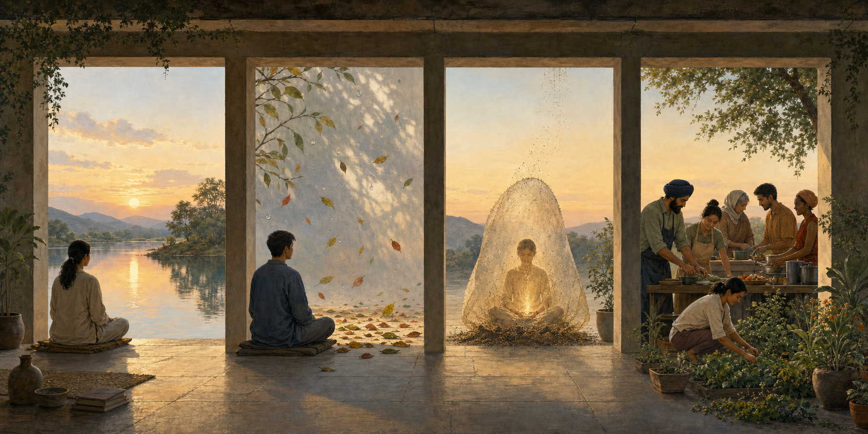 Four equal scenes show a still observer by a lake, passing leaves in a stream, dust falling from a luminous presence, and people serving together in a shared garden and kitchen.