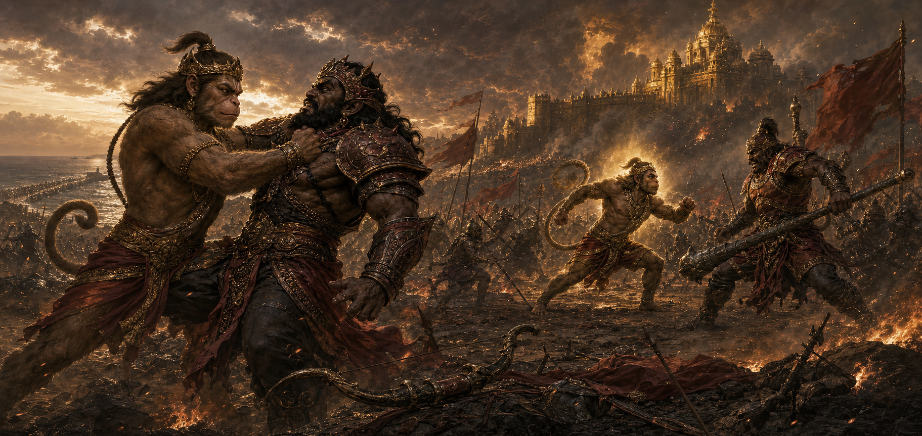 Sugriva grapples with Kumbha while Hanuman confronts Nikumbha before the burning fortifications of Lanka.