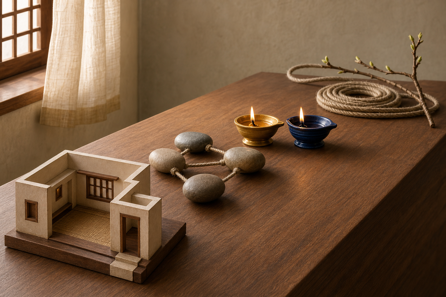A study table holds a room model, connected stones, paired gold and indigo lamps, a measuring cord, and a budding branch arranged in sequence.