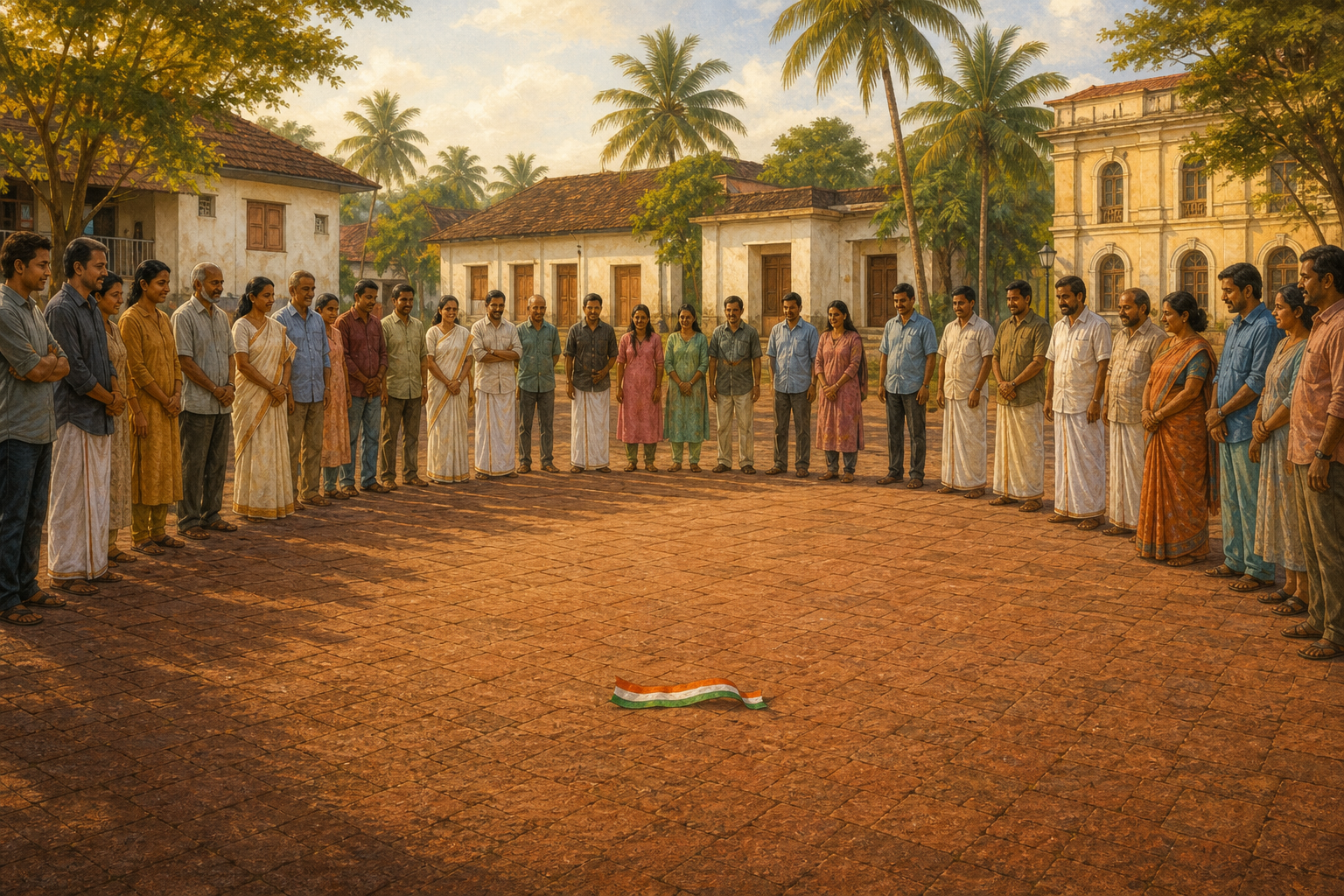 A diverse group of citizens gathers around a tricolor ribbon in an open Kerala public square, with unmarked meeting-room doors in the distance.
