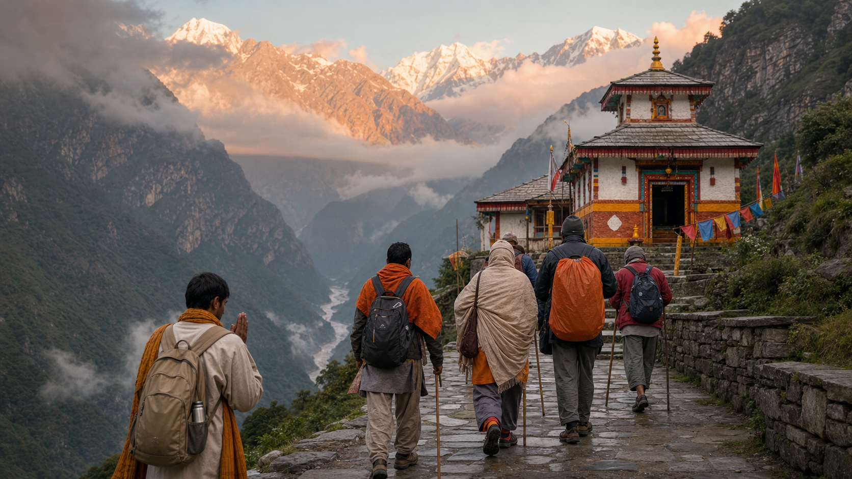 Pilgrims carrying daypacks walk toward a Himalayan temple above a green river valley and snow-dusted peaks.