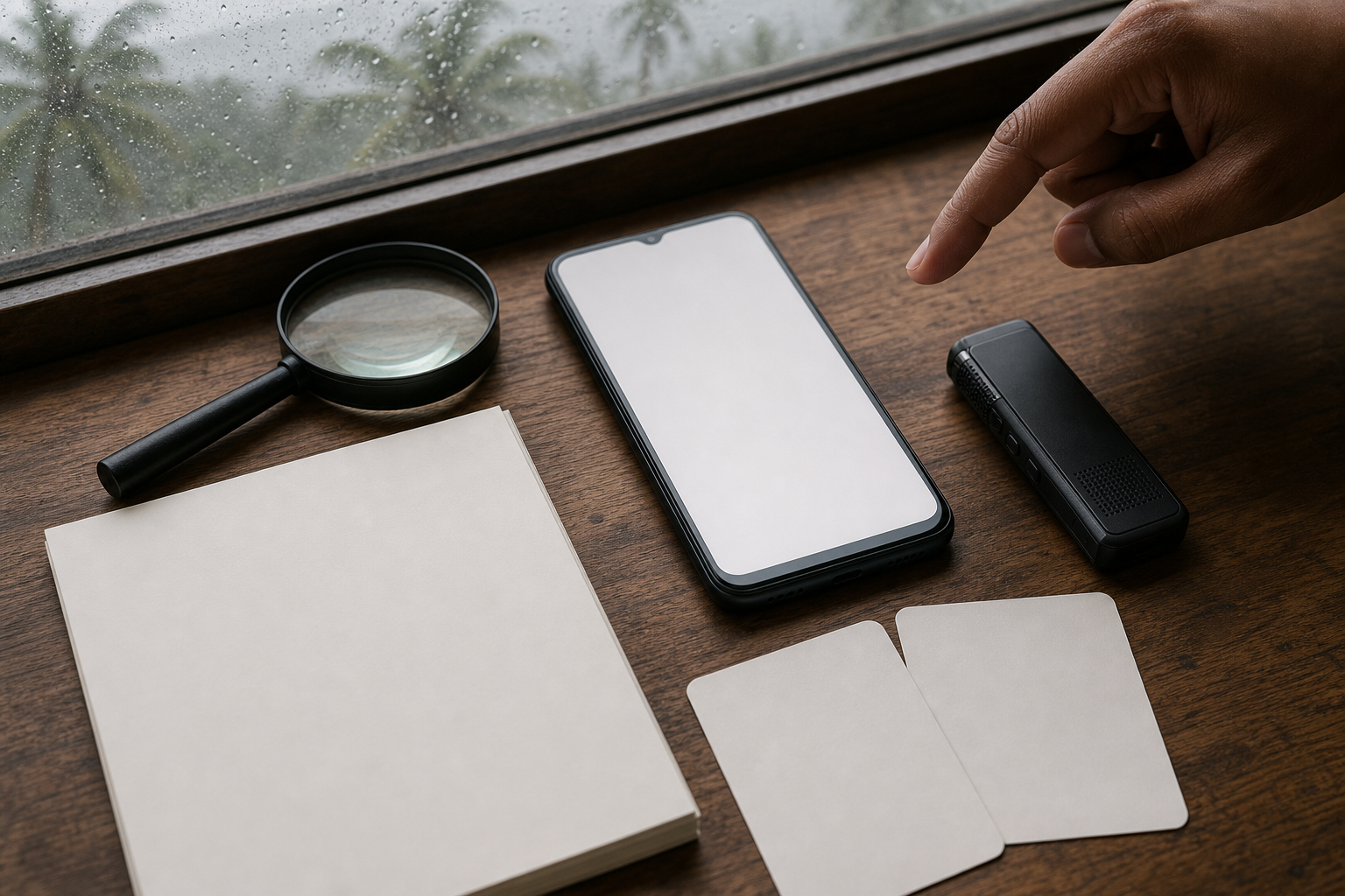 A blank-screen smartphone is surrounded by a magnifying glass, document, recorder, comparison cards, and a hovering finger on a monsoon-lit desk.