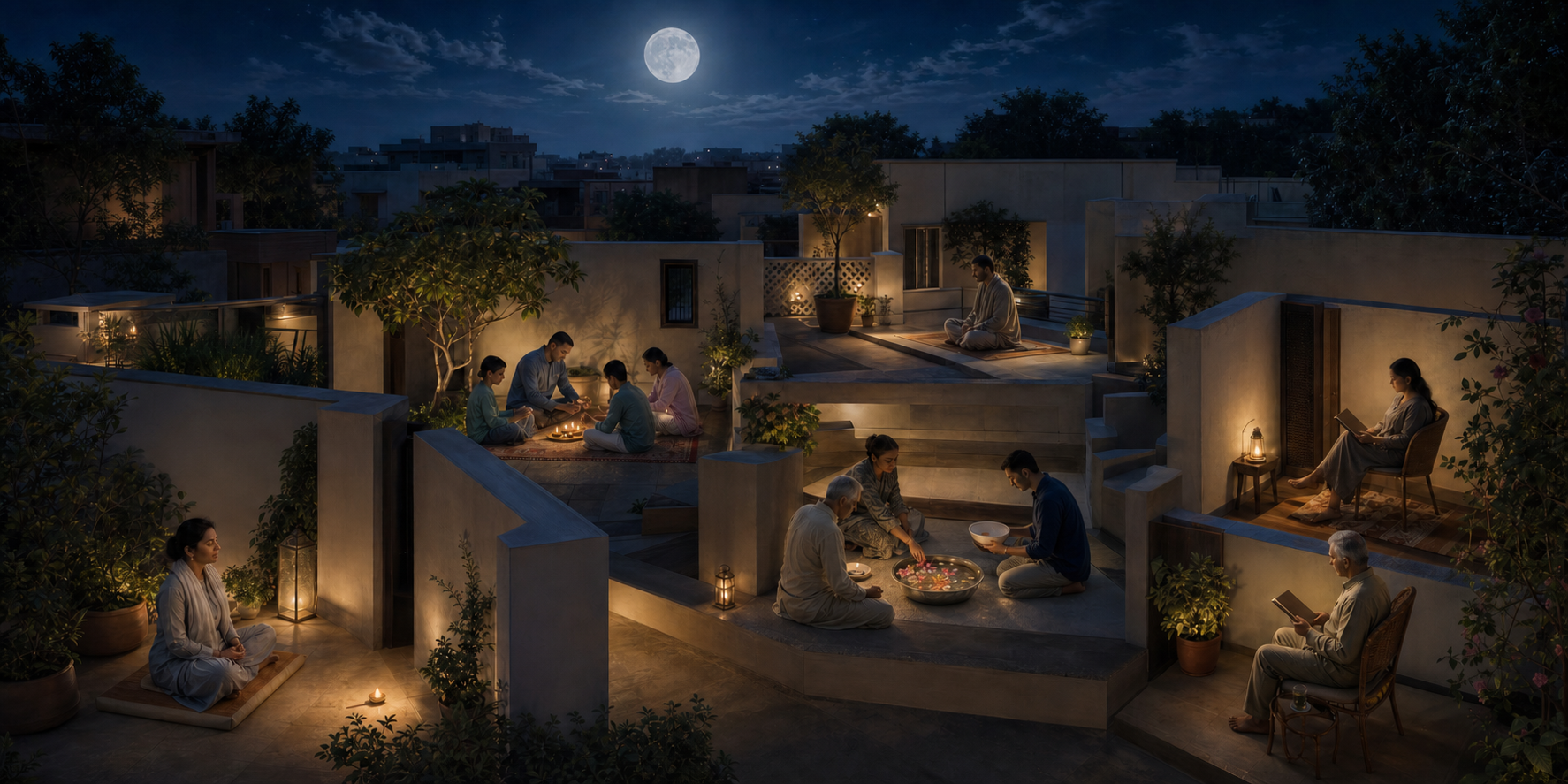 Separate groups in neighboring moonlit courtyards meditate, light lamps, sit with closed books, and arrange flower or water offerings in distinct devotional spaces.