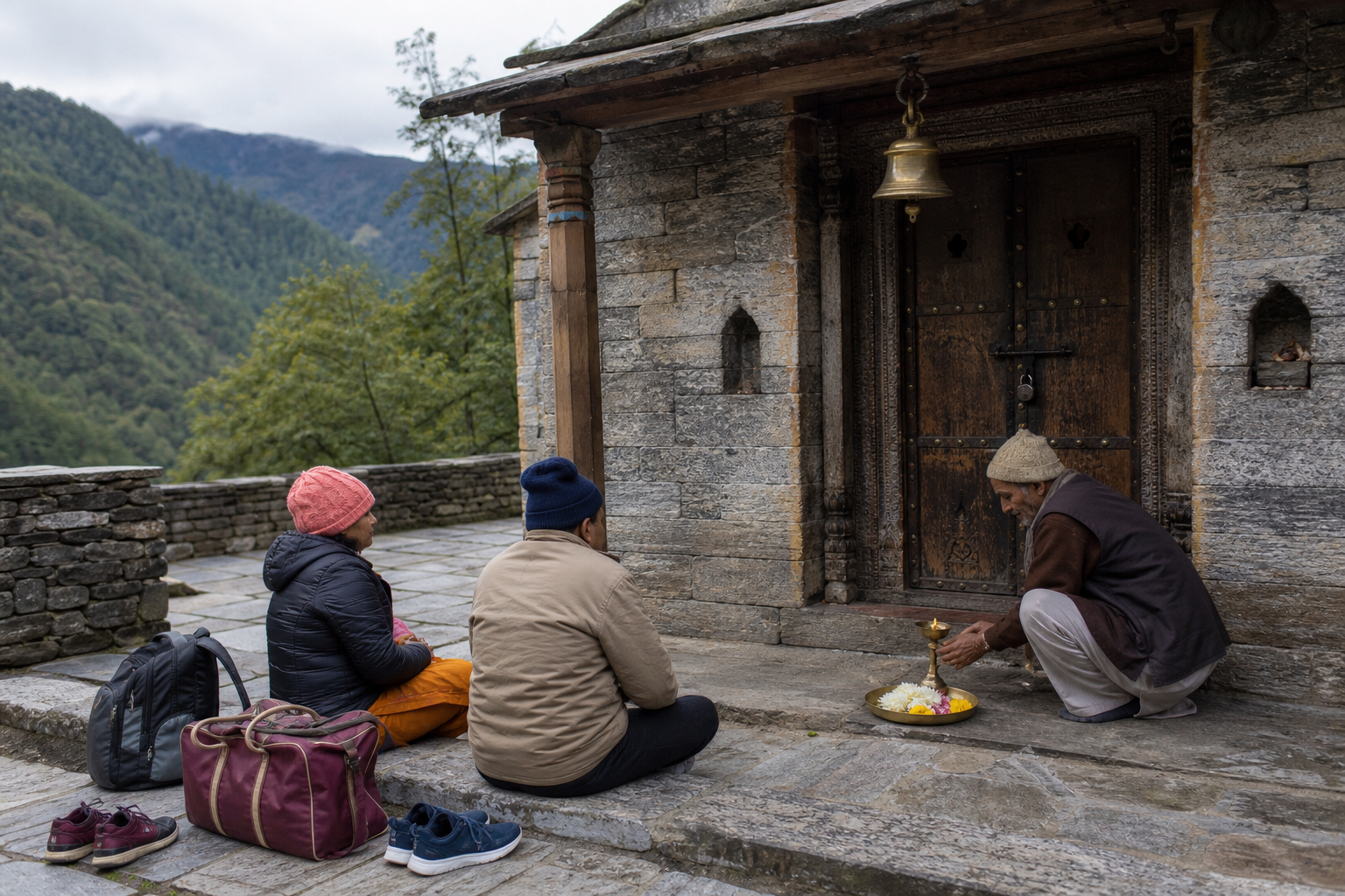 Pilgrims rest respectfully in the courtyard of a small stone Himalayan shrine while a temple attendant prepares a lamp and flowers.