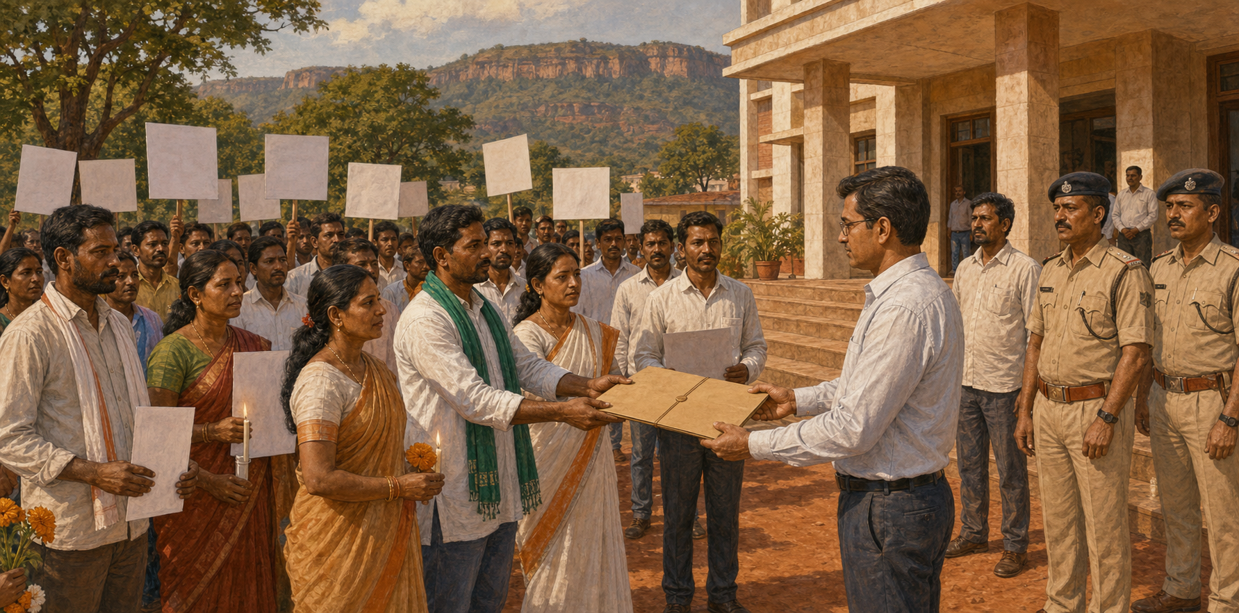Peaceful demonstrators in Jharkhand present a memorandum to a district official while holding blank placards, candles, and flowers.