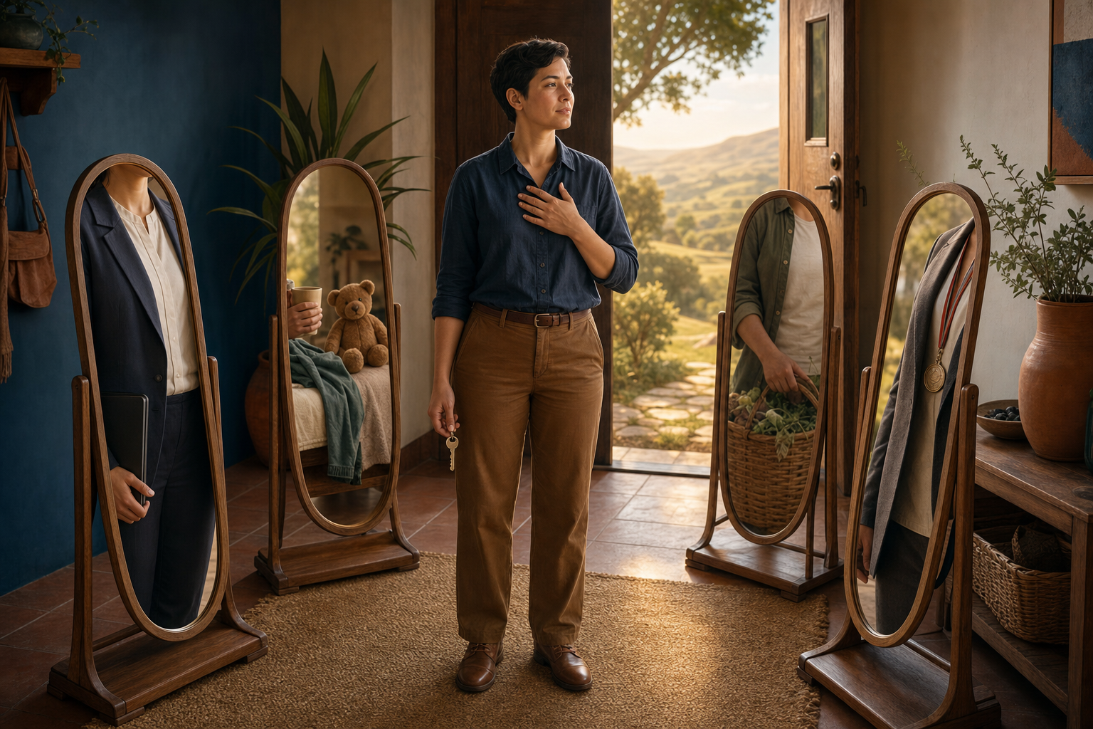 A person pauses among four mirrors that each reflect a different social role while an open doorway leads into sunlight.