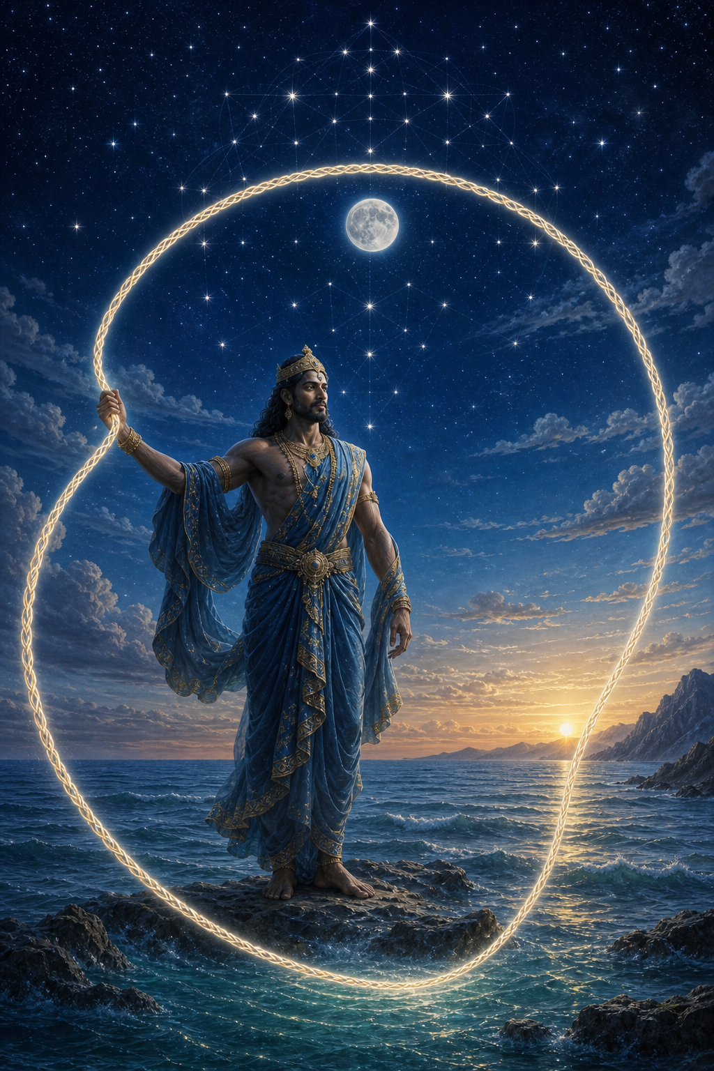 Varuna stands above a moonlit ocean holding a luminous braided cord that forms an open circle between sea, earth, and a star-filled sky.