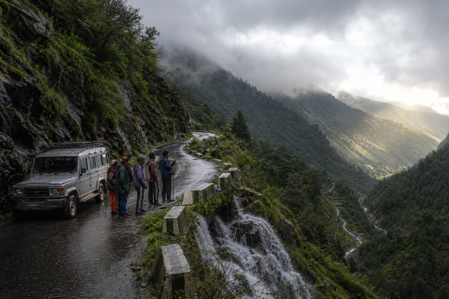 Pilgrims and a shared jeep wait on a wet mountain road as clouds cover the pass ahead.