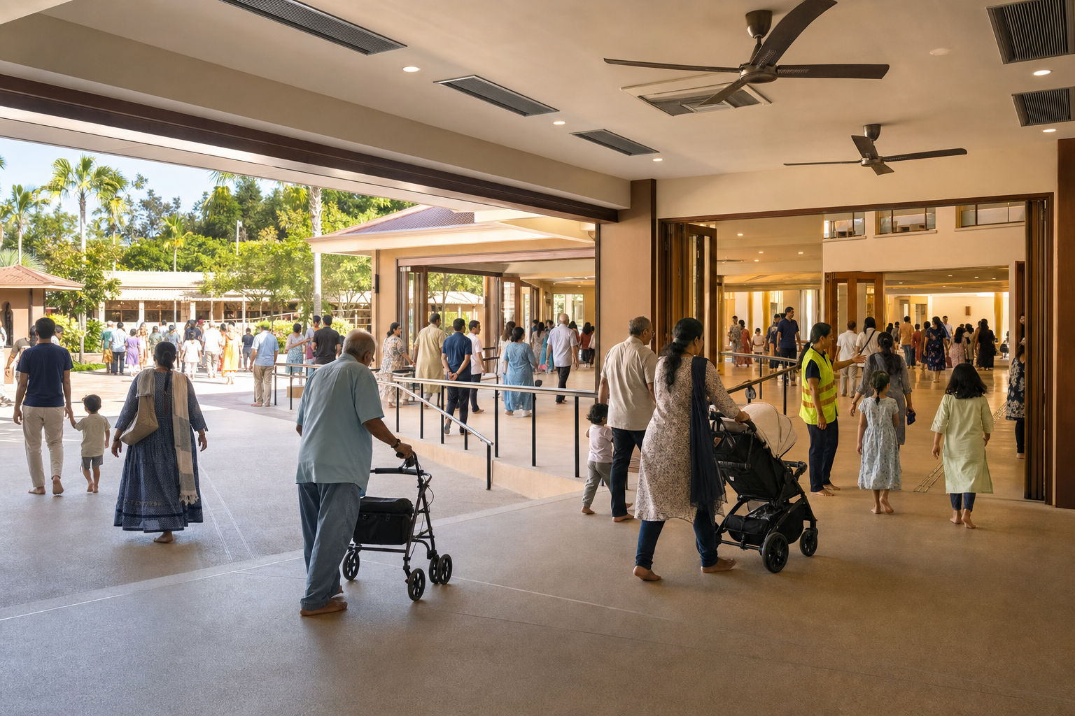 Visitors, including an elder and a family with a stroller, move through a broad shaded and step-free temple entrance with fans and handrails.