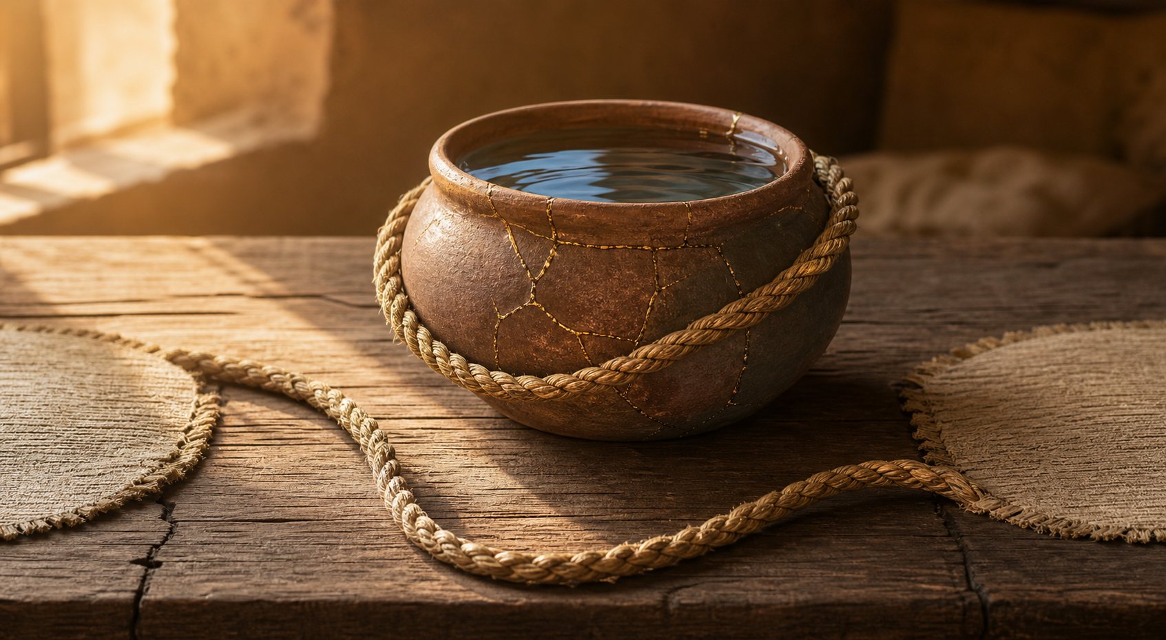 A braided cord loops loosely around a repaired clay water vessel between two empty places at a wooden table.