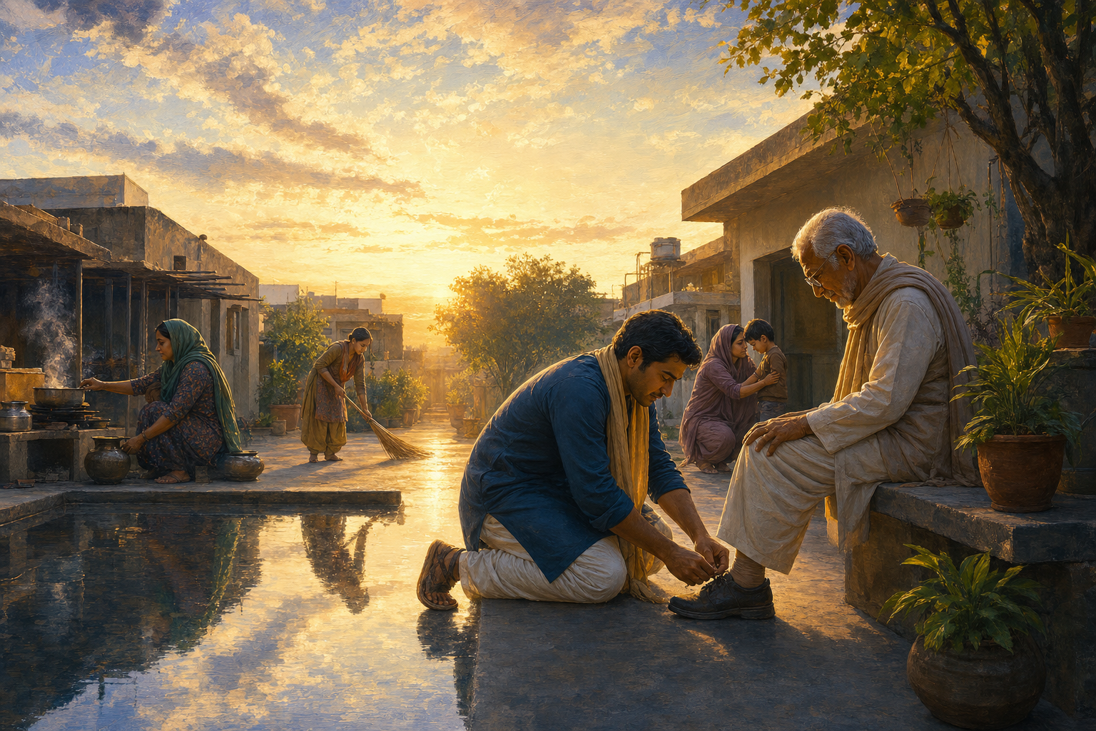 A calm person helps an elder tie a shoe while others cook, clean, garden, and care for a child beneath a luminous dawn sky.