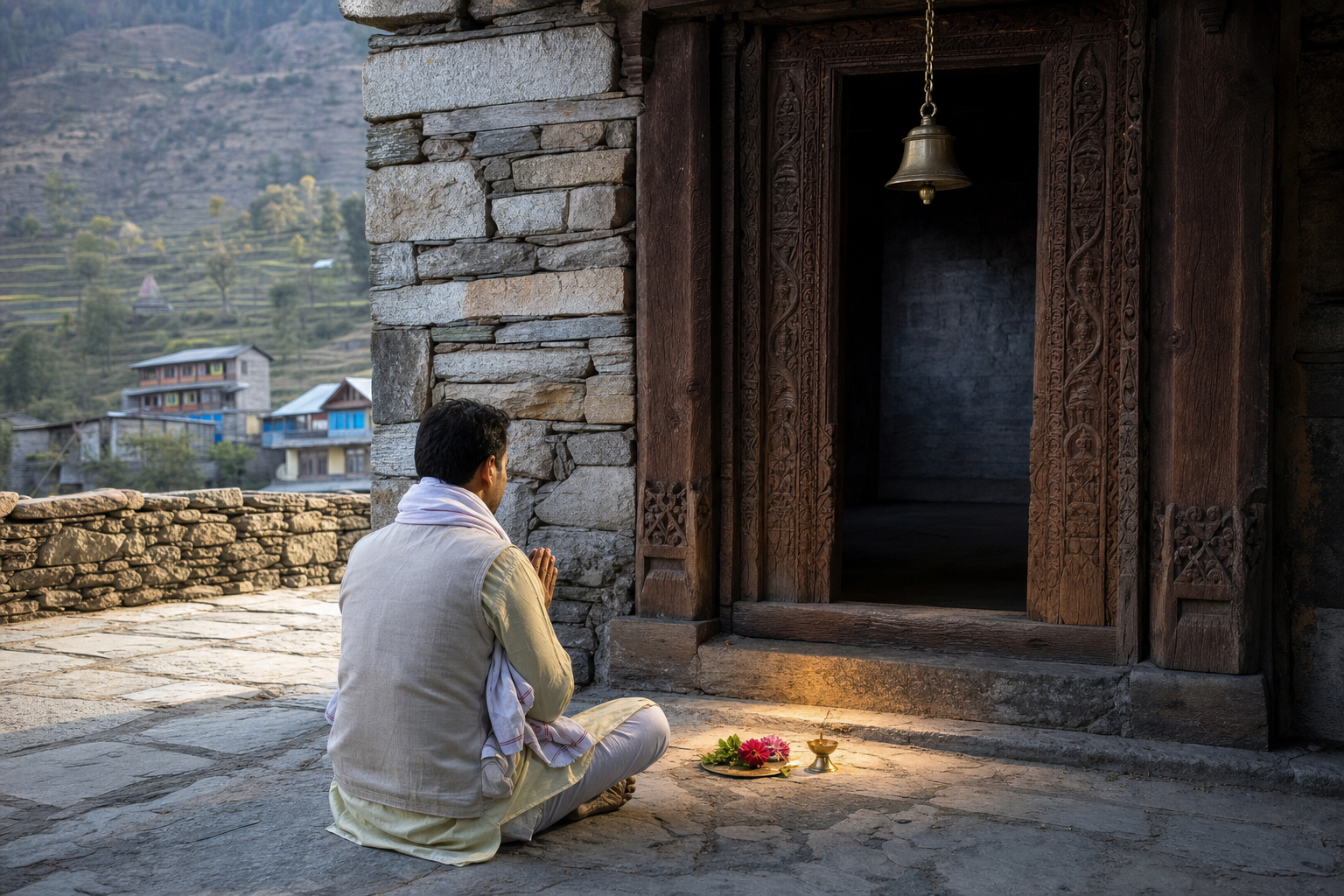 A pilgrim sits with folded hands before a small stone shrine, with flowers, tulsi leaves, and a brass lamp nearby.