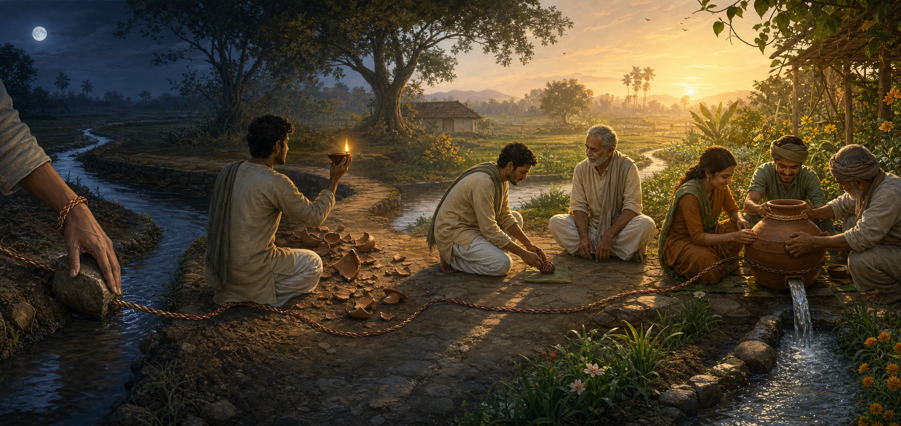 A continuous path links four scenes of stopping a water leak, revealing broken pottery, accepting responsibility before an elder, and repairing the vessel beside a renewed garden.