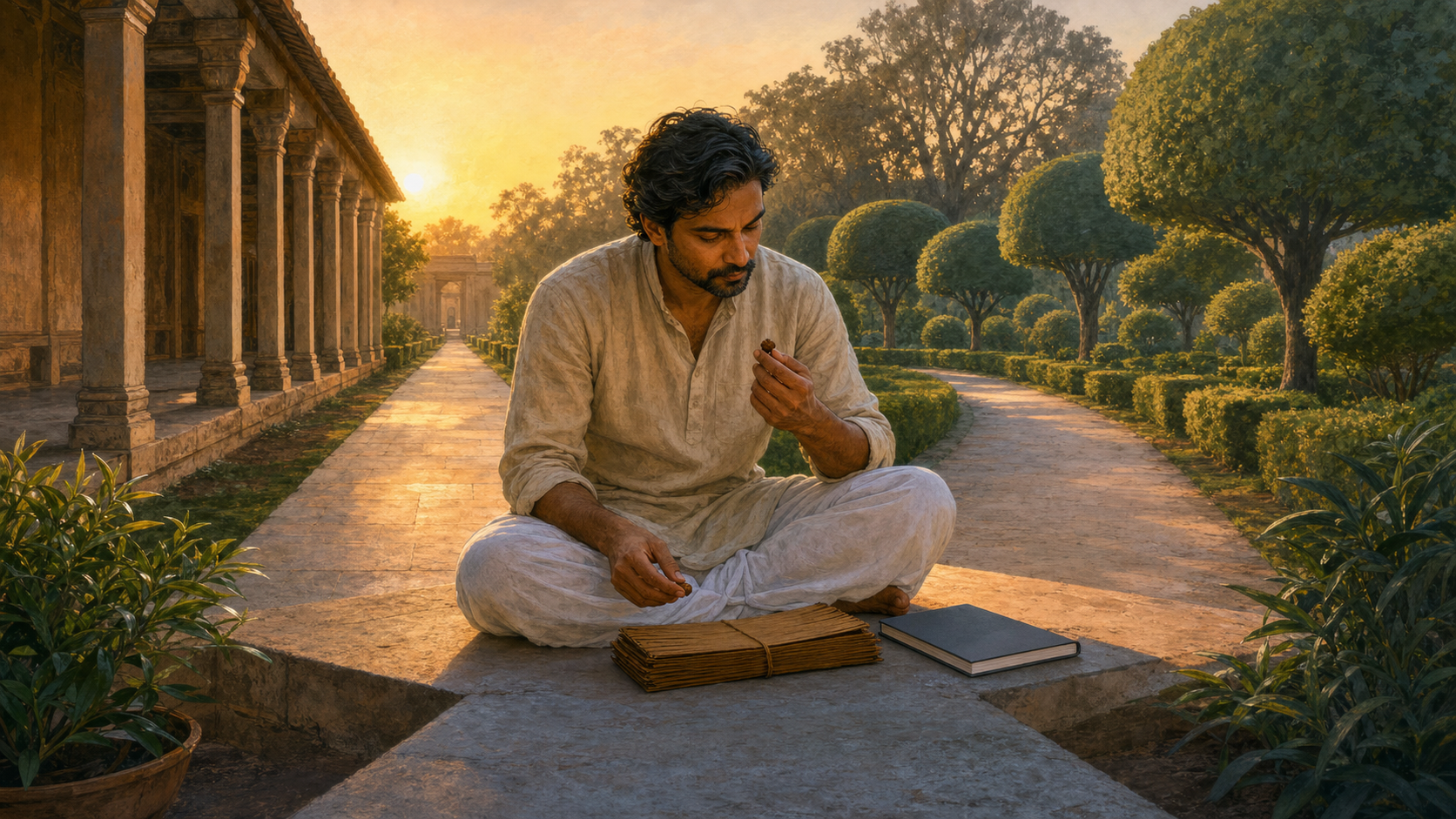 A contemplative person sits with an unmarked palm-leaf manuscript and notebook where two garden paths converge at sunrise.
