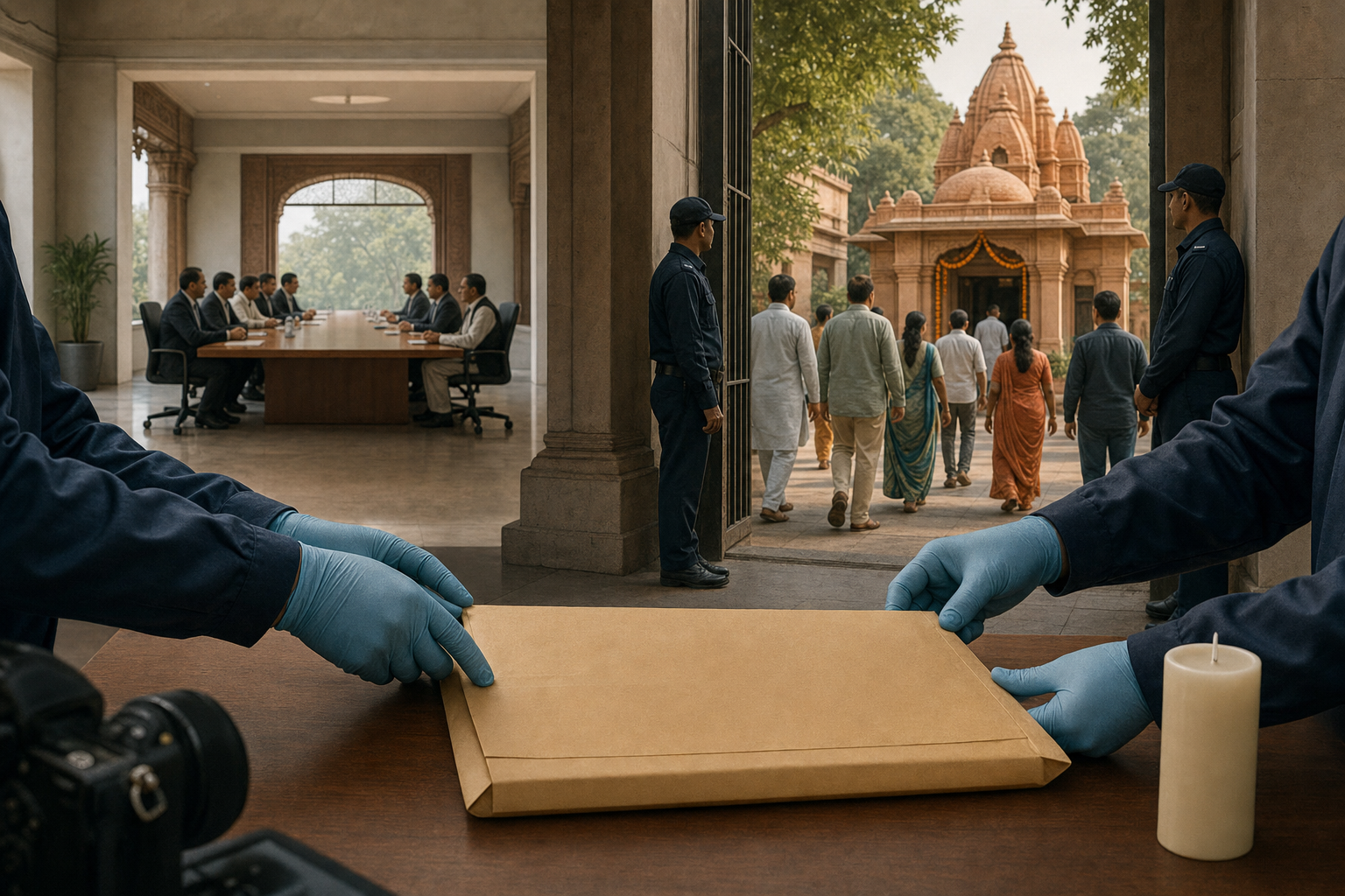 A conceptual scene links investigators reviewing evidence, a protected Hindu temple courtyard, and officials meeting around a diplomatic table.